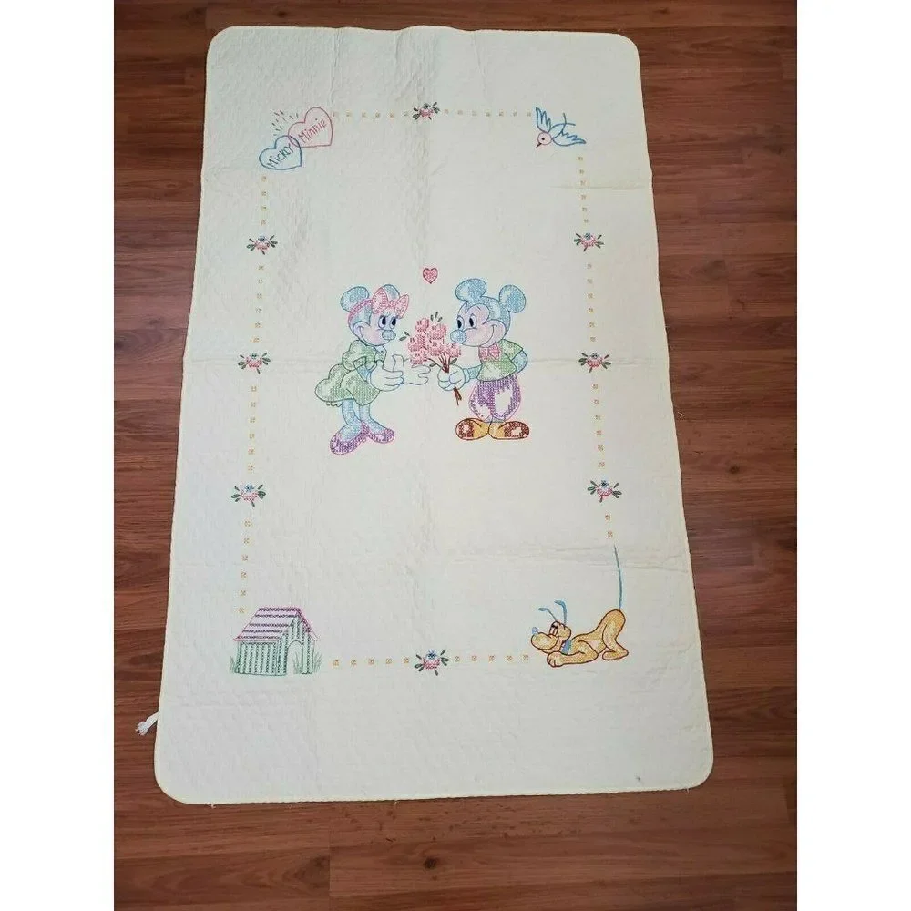 Vintage 70s Disney Needlecraft Crib Blanket Mickey Minnie Cross Stitch Yellow